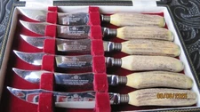 Old Kirk & Matz Sheffield England Antler Stag Set 6 Steak Knives in Box