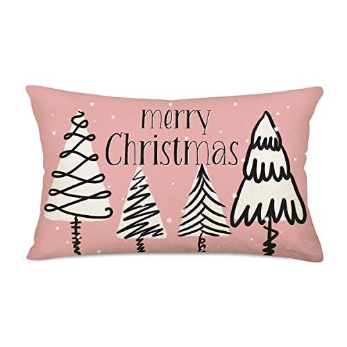 Merry Christmas Tree Throw Lumbar Pillow Covers 12x20 Inch Pink Farmhouse Christ - Picture 1 of 7