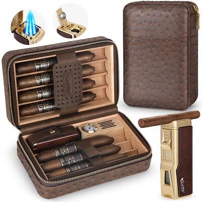 Portable Travel Cigar Humidor Case and Cigar Lighter Set Holds 7 Cigars