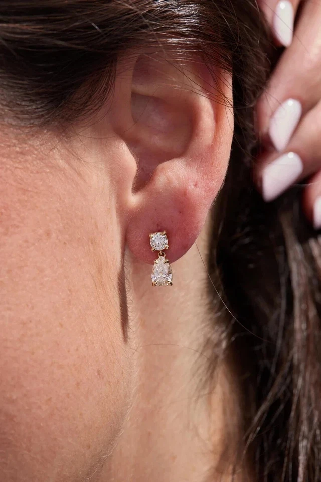 2.20TCW Pear Lab created Diamond Drop Dangle Women's Stud 14k Yellow Gold Plated - Image 2 of 4