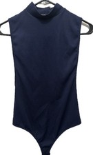 BEBE Navy Ribbed Mock Neck Bodysuit Sleeveless Stretch Y2K Fitted Minimalist Top