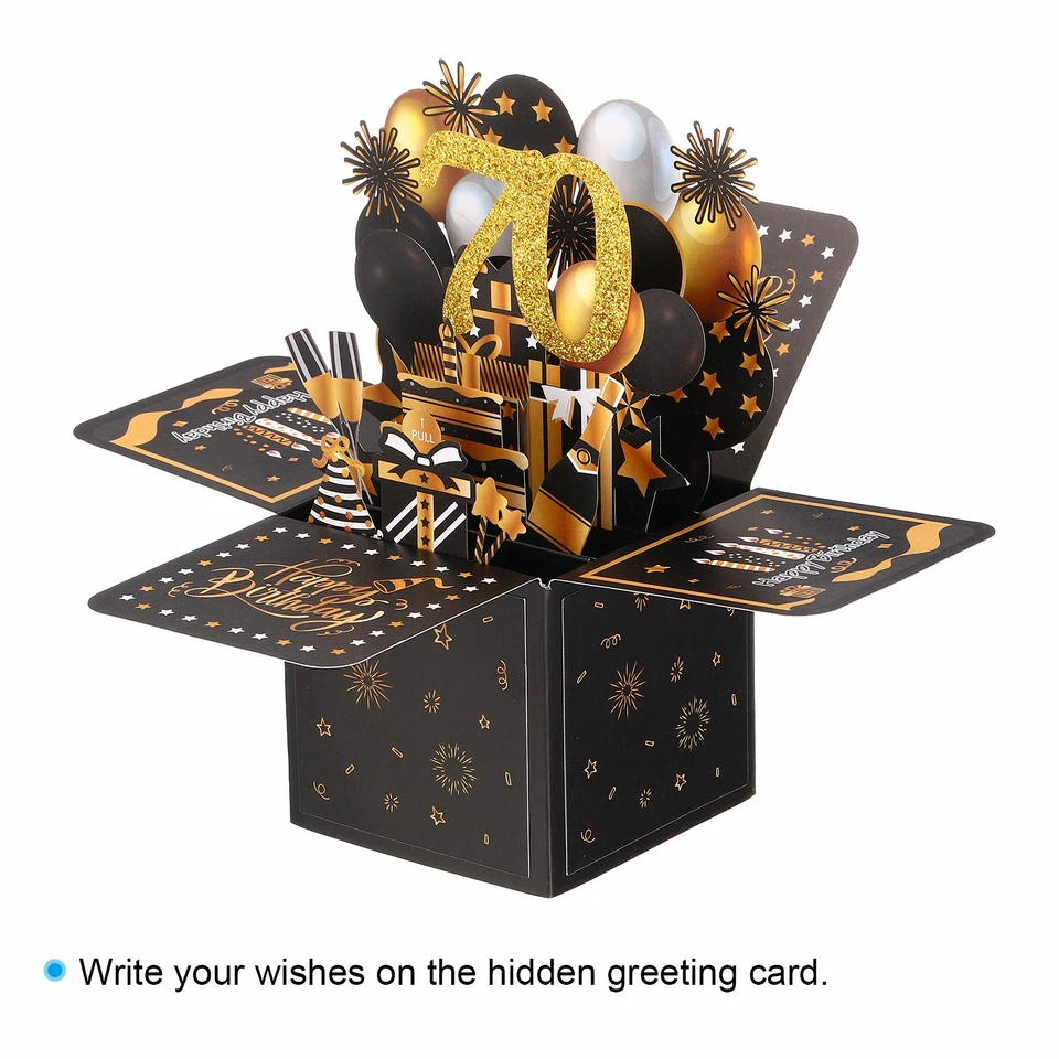 70th Birthday Card,Pop-Out Happy Birthday Card Greeting Card Envelope,Black Gold - Image 3 of 4