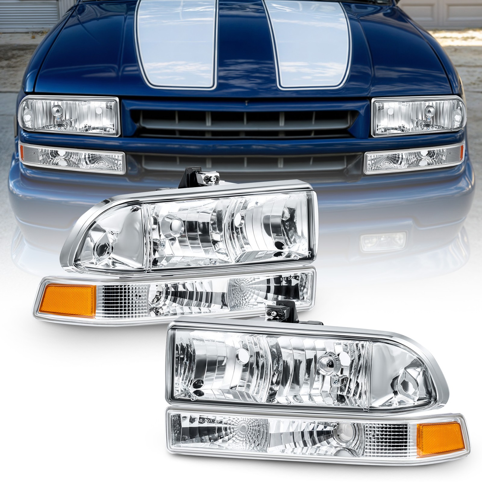 1998-2004 Chevy S10 Blazer Chrome Amber Headlights & Bumper Lamps Pair