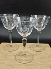 ​3 Vintage Etched Wheat Crystal Cordial Glasses 5.25" UV Glow Manganese