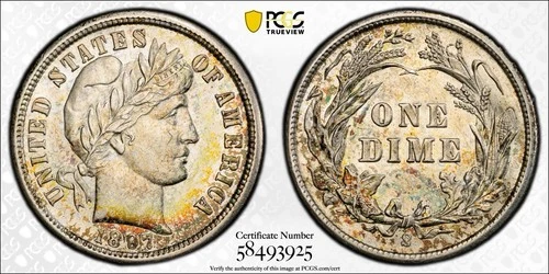 1897-S PCGS AU58+ Barber Silver Dime (Nice Toning) U.S. 10c Coin Almost UNC