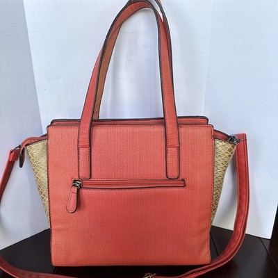 Coral Orange Pebbled Leather Tote Bag Structured Crossbody Purse