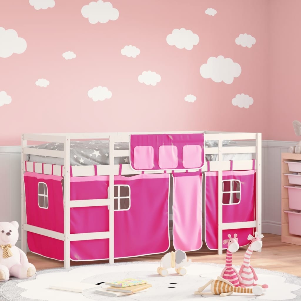 Letto a Soppalco con Tende Bambini Rosa 90x190 cm Massello Pino 2805563