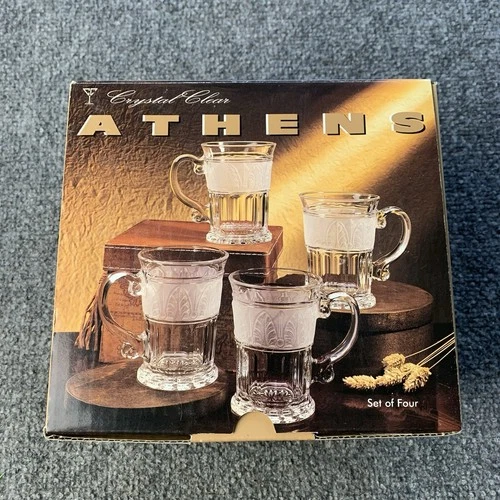 Crystal Clear Athens Glass Mugs Vintage Handle Frosted Leaves Set Of 4 14 oz