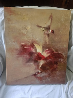 #ad Vintage Oil Painting Hummingbird Red Flower Abstract Impressionist Canvas 20x24 $60.00