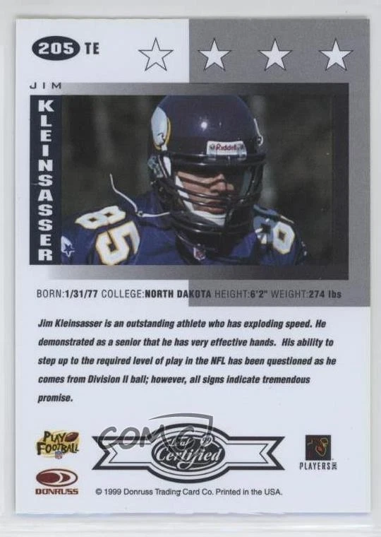 1999 Leaf Certified Jim Kleinsasser #205 Rookie RC - Image 2 of 2