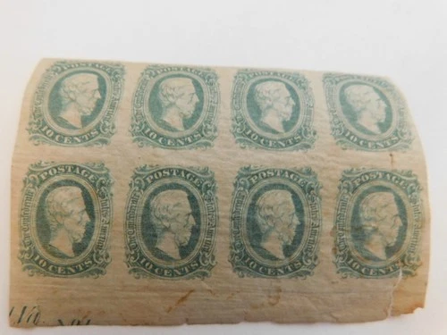 CIVIL WAR DOCUMENT- CS Confederate States 10 Cent Stamp BLOCK Green 8 stamps