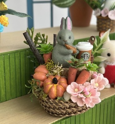 Handmade miniature flower gift basket with a rabbit in the box 2-3 inches #16