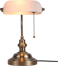 Glass Bankers Desk Lamp with Pull Chain Switch Plug in Fixture,Satin Brass Finis