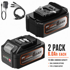 2 Pack 6.0Ah Battery for DeWalt 20V MAX DCB206 DCB205 DCB200 w/ DC Charger USB-C