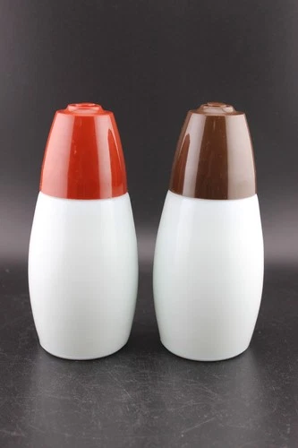 Vtg Gemco Westinghouse Milk Glass Salt & Pepper Shakers Brown Red Plastic Tops