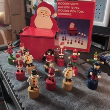 Vtg Wooden Santa Box W/ 12 Push Toy Christmas Ornaments Retro. Tested Working 