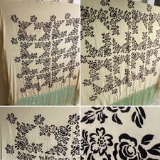 Antique Edwardian Gorgeous Piano Shawl Scarf Ivory Black Floral Roses Silk 48x48