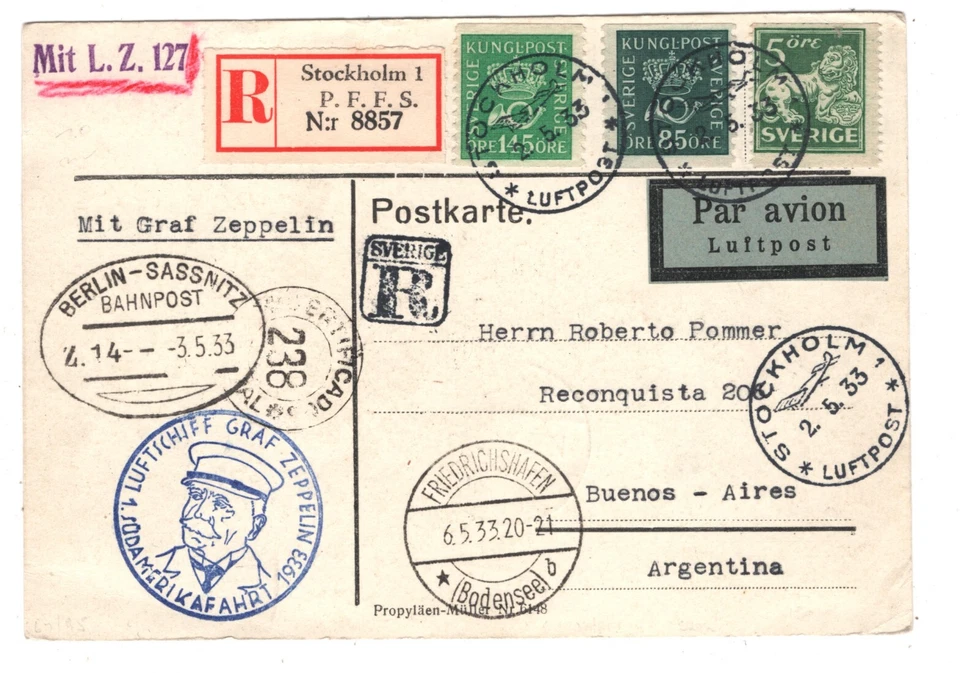 SWEDEN *Treaty* GRAF ZEPPELIN Air Card 1933 *1.SÜDAMERIKAFAHRT* Argentina KZ173 - Image 2 of 4
