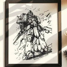 Hand Drawn (Not a Print) Warhammer 40k Space Marine Framed Pen & Ink Art Drawing
