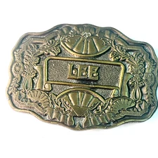 Vintage Belt Buckle Brass LEE Name Oden Inc Western Cowboy Rodeo Ornate Floral