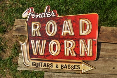 Fender Road Worn Embossed Tin Metal Sign - Guitars & Basses