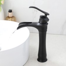 Black Bathroom Basin Faucet Waterfall Spout Deck Mounted Brass Mixer Vanity Taps