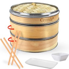 8 Inch Organic Dim Sum Bamboo Steamer with 2 Plates & 2 Pair Chopsticks