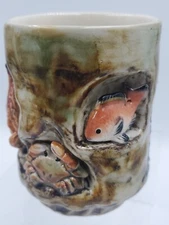 VTG Japanese Handmade Ceramic Art 3d Releif Fish Crab Lobster Vase Cup Mug NICE