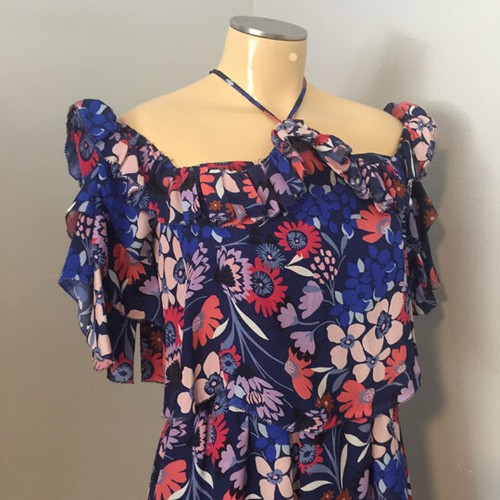 Clearance Sale ~ PARKER ~ BLUE Floral Print Off Shoulder Flutter Mini DRESS Sz 4 - Picture 3 of 5