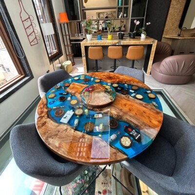 Round Blue Epoxy Resin Tabletop | Ocean Wave Design | Handmade Coastal ...