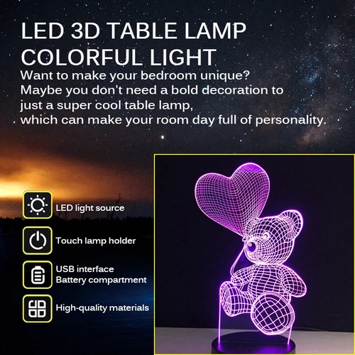 3D Illusion LED Night Light 7 Colours Bedroom Desk Kids Room Besides Decor Lamps - Picture 17 of 26
