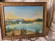 Antique Mountain Lake-scape Oil on Board- Old Guild Frame