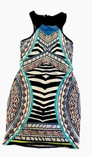 Express Blue Black Multicolor Women's Tribal ZEBRA Print Fitted Dress Small