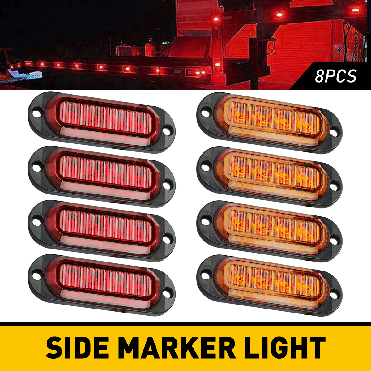 8x Red 4-LED Oval Side Marker Lights for RV Truck Trailer 3.36 Inch US Warning Lamp