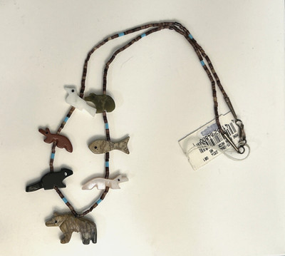 Vintage Zuni Fetish Necklace 18   Stone Animal Carvings 7 Totems Heishi Sterling