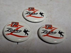 Lot 3 Vintage 1957 Walt Disney Zoro 7up Soda Pin Pinback Button USA Advertising