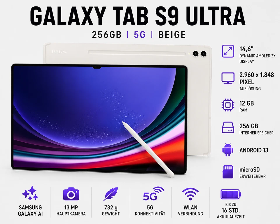 Samsung Galaxy Tab S9 Ultra SM-X916B 256GB, Wi-Fi + 5G (Ohne Simlock), 14,6 Zoll - Bild 1 von 1