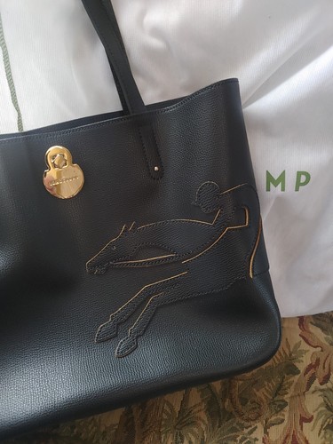 Longchamp Womens Cuir Applique Horse TOTE BAG Black Leather Handbag Long Handles