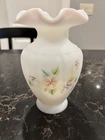 Vtg Fenton Custard Glass Scalloped Edge Hand Painted Flowers Vase Signed Farley