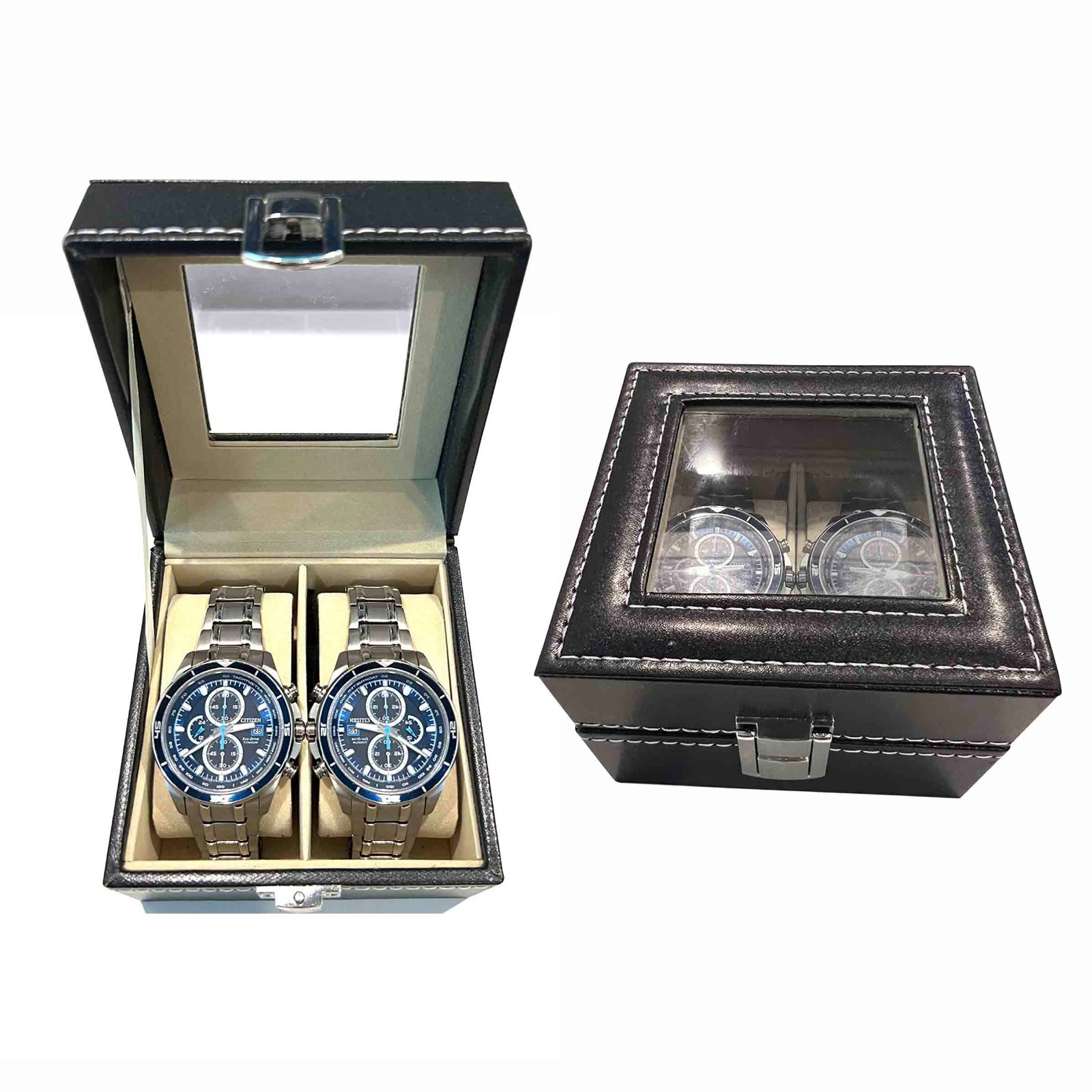 2 Slot Leather Watch/Bracelet Display Box Glass Top Jewelry Case Organizer 