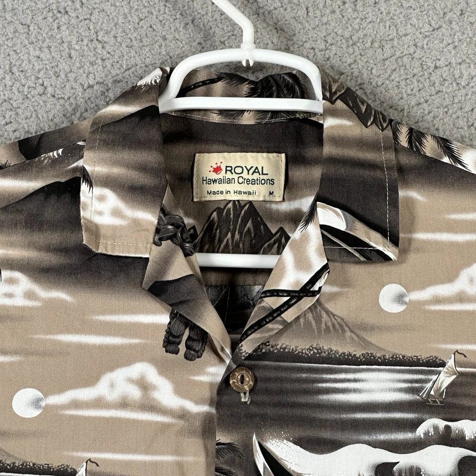 Camisa Hawaiana Royal Hawaiian Creations Algodón Marrón Tiki Palmeras Canoa M De Colección Foto 2 de 4