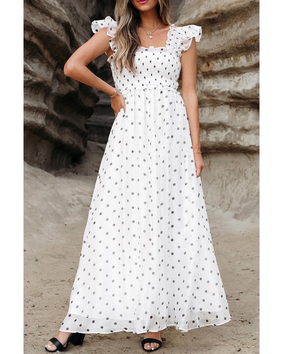 Azura Exchange White Polka Dot Flutter Sleeve Square Neck