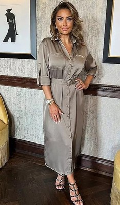 AX Paris Taupe Belted 3/4 Sleeve Gold Buttons Shirt Midi Dress UK 8 (fmn39-20)
