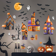 Large Halloween Wall Decorations Decals Spooky Castle Bats Moon Art Sticker