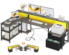 Reversible L Shaped Computer Desk Gaming Desk With Storage Shelves & LED Strip