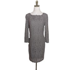 ADRIANNA PAPELL Evening Lace Dress Size P10 Tan Square Neck 3/4 Sheer Sleeve