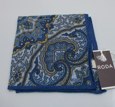 Roda NWT 100 Linen Pocket Square In Blues Yellow Paisley