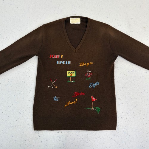 Andreno Argenti Women's V Neck Golf Embroidered Brown Sweater Size M 90's Retro