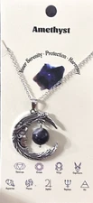 Necklace- Crescent Moon with Face- round amethyst  natural stone- dark purple