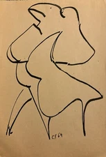Charles SEMSER  (1922-2011) Dessin 1964 Encre Signé Dame Perroquet Vintage B51